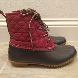 JBU Red Brown Duck Boots Lace Up Rain Boots Quilted Fabric 7.5